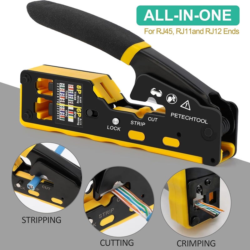 PETECHTOOL RJ45 Crimp Tool Pass Through Ethernet Crimping Tool Kit Cat6 Cat5e Cat6a RJ45 Crimper with Cable Tester, Cat6 Connectors with RJ45 Boot Covers, Mini Stripper, Blades and Cable Ties - Image 2